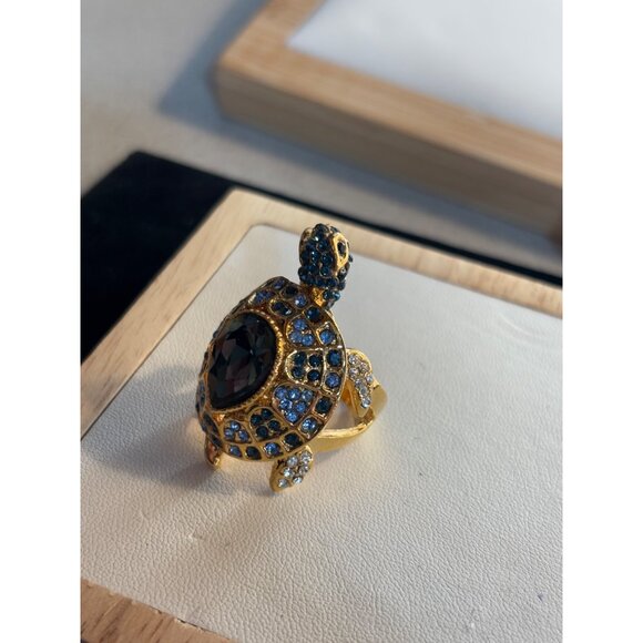 Gold Turtle Ring With Blue & Clear Crystals Adjustable Size 7 Fashion Jewelry Ac - Picture 14 of 16
